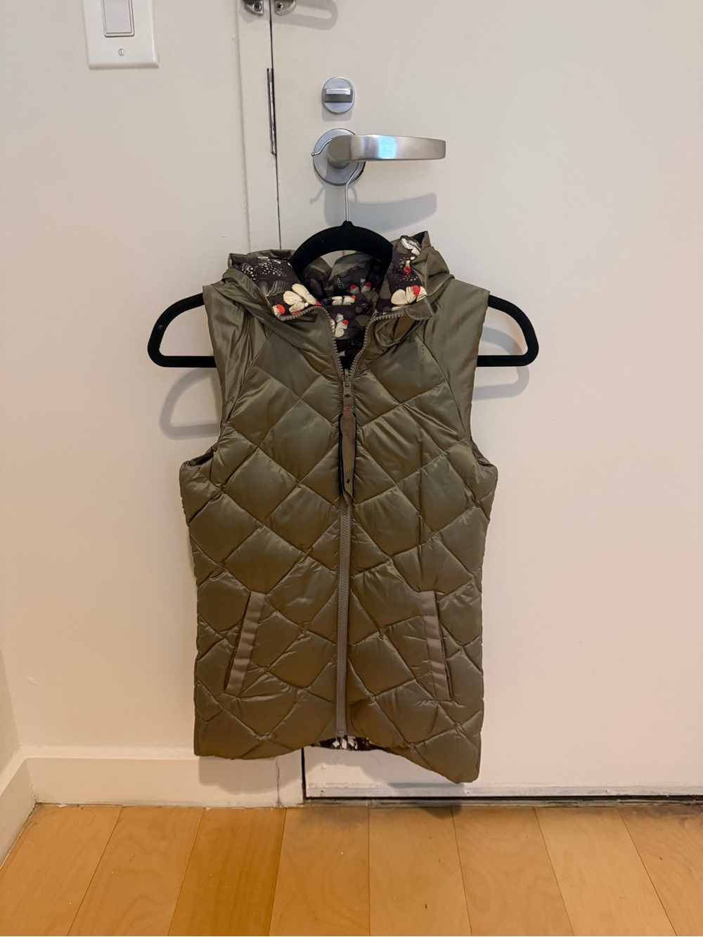 lululemon athletica Olive Quilted Hooded Vest with Floral Trim